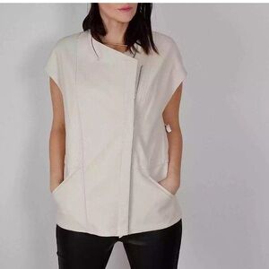 Vince Cap Sleeve 100% Lamb Leather Stone Ivory Vest Double Zip Closure Wms Sz L